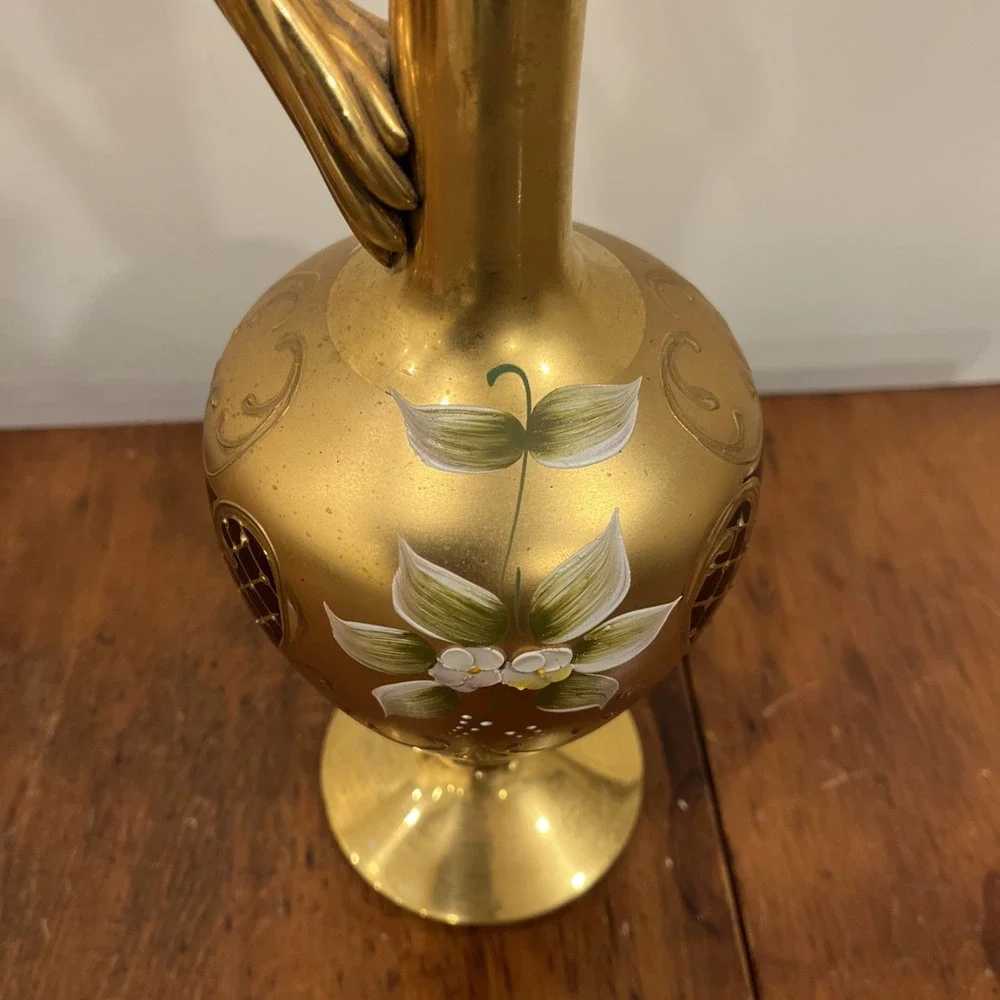Vtg Tre Fuochi Italian Venetian Murano Glass Amber 24K Gold Floral Decanter Set